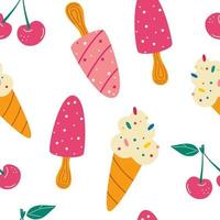 Seamless pattern with ice cream. Summer pattern, sweet desserts, cherry. vector