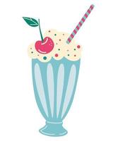 Milkshake with whipped cream and cherry. Smoothie, cocktail. Vector illustration of old fashioned milkshake cocktail with whipped cream and cherry on top.