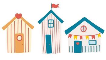 Set of beach houses. Summer card with beach huts. Beach Bungalow Hotel with Different Exterior. vector
