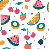 Bright fruit seamless pattern in hand drawn style. Vector repeat background for colorful summer fabric.