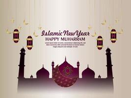 Happy muharram islamic new year greeting card with pattern moon and mosque vector