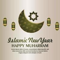 Islamic festival of happy muharram invitation greeting card with pattern moon and lantern vector