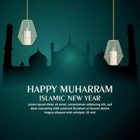 Happy muharram islamic new year background with crystal lantern and mosque vector