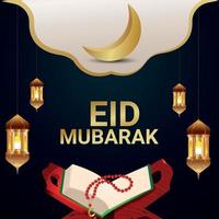 Realistic eid mubarak celebration greeting card with pattern moon and lantern vector
