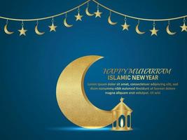 Islamic new year islamic festival greeting card with pattern gold moon and lantern vector