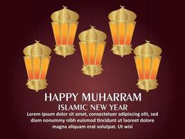 Happy muharram celebration greeting card with golden islamic lantern vector