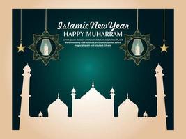 Islamic new year happy muharram realistic background with pattern lantern and mosque vector