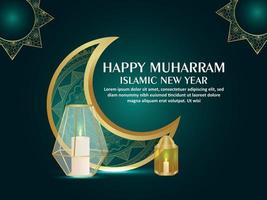 Happy muharram islamic new year greeting card with pattern moon and golden lantern vector