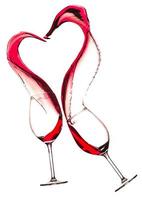 Copas de vino con vino tinto y salpicaduras en forma de corazón aislado en blanco foto