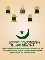 Happy new year islamic new year with pattern gold islamic lantern and moon vector