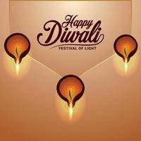 Happy diwali festival of india greeting card with diwali oil diya vector