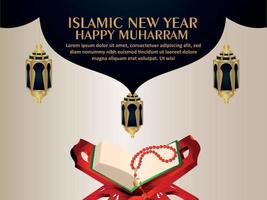 Realistic lantern of happy muharram invitation greeting card with holy book of quran vector