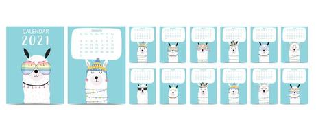 Doodle pastel calendar set 2021 with llama vector