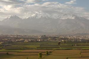 City of Arequipa Peru with its iconic fields and volcano Chachani in the background