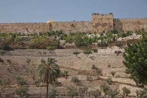 Terraces of the Kidron Valley and the the wall of the Old City in Jerusalem in Israel