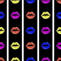 Lips seamless pattern. Red lips on a black and white striped background. Design for printing, textiles, wrappers, Valentines Day.Vector illustration vector