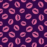 Bright pink lips seamless pattern. Valentines day, pink lips, kisses on a dark background. Vector flat illustration