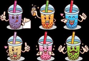 kawaii lindo emoji pegatina personajes dibujos animados boba burbuja té con leche vector