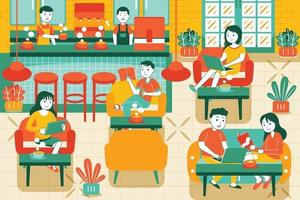 People in Cozy Cafe Vector Illustration in Flat Design Style