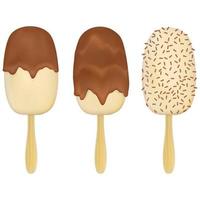 white chocolate ice cream poured on top of dark chocolate with drips sprinkled with long pieces of chocolate on a wooden stick isolated on a white background vector