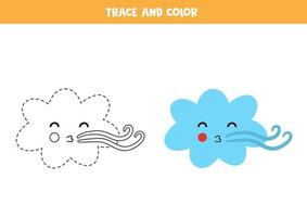 Trace and color cute wind cloud. Worksheet for kids vector