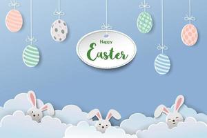 Happy Easter concept with paper art easter eggs and rabbits on blue sky background vector