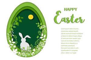 Happy Easter greeting card paper art design with bunny on spring forest vector