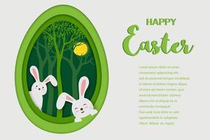 Tarjeta de felicitación de Pascua feliz con arte de papel de conejitos en forma de huevo de fondo vector