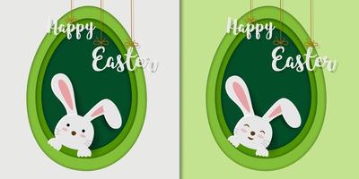 Happy Easter greeting card with bunnies on egg shapes background vector