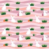 Easter eggs with white rabbits in the meadow seamless pattern on pastel background for happy holiday, fabric, textile, print or wrapping paper vector
