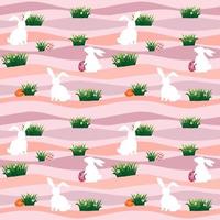 Easter eggs with white rabbits in the meadow seamless pattern on pastel background for happy holiday, fabric, textile, print or wrapping paper vector