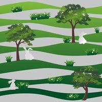 White rabbits in the meadow seamless pattern on green wavy background for happy easter, fabric, textile, print or wallpaper vector