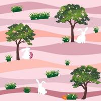 Lindos conejos con huevos de pascua en el jardín de patrones sin fisuras sobre fondo pastel para unas felices vacaciones tela de impresión textil o papel tapiz vector