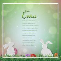 Tarjeta de felicitación de Pascua feliz, huevos de colores con conejos sobre fondo bokeh para vacaciones, invitación o póster vector