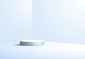 3D studio room showcase display geometric white cylinder pedestal round minimal blue scene background
