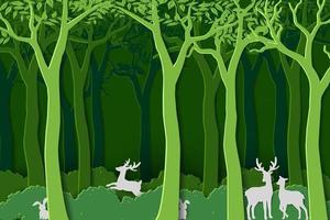 Love nature with animal wildlife in green woods, paper art design for World forest day, banner or poster vector