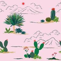 Hand drawing cactus and succulent plants seamless pattern. Colorful exotic tropical botanical plant on sweet pink background vector