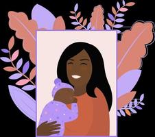 Happy Mothers day Mom and little daughter African american woman is holding the baby in her arms and smiling The newborn is sleeping Vector flat illustration