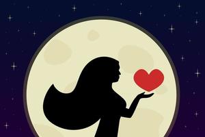 Female silhouette in the moonlight Young woman is holding red heart in her hand Full moon and stars in the background Vector illustration