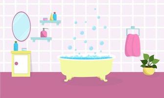 Bathroom interior Yellow bathtub with soap foam and bubbles Vector illustration Beauty care products are on the shelfs