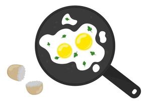 Fried eggs in a frying pan top view Vector illustration Cooking breakfast with oil