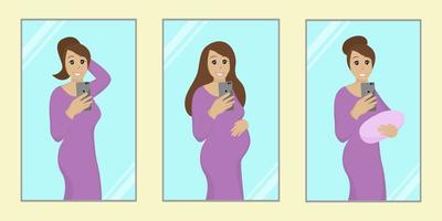 Pregnant woman is taking selfie on mobile phone in the mirror Female body changes during pregnancy and after childbirth Vector illustration