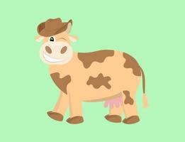 Brown spotted cow isolated Vector illustration Cartoon cow in cowboy hat is winking