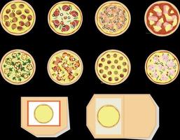 Pizza set of different types Top view Open and closed pizza box Vector illustration