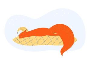 A cute squirrel with a fluffy tail in a nightcap sleeps on a large pillow Vector illustration