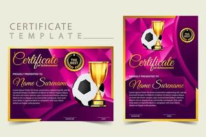 diploma de certificado de juego de fútbol con vector de conjunto de copa de oro