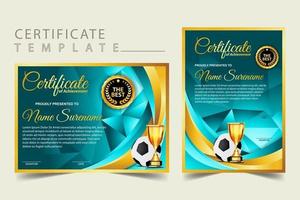 diploma de certificado de juego de fútbol con vector de conjunto de copa de oro