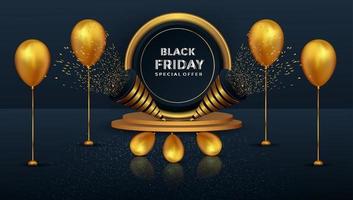 Oferta especial de viernes negro, podio dorado realista y diseño de globos. vector