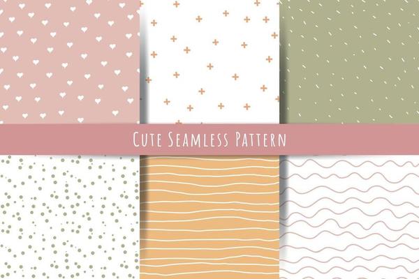 A set of simple minimalistic summer spring seamless patterns Gentle ornaments with lines drops hearts shapes