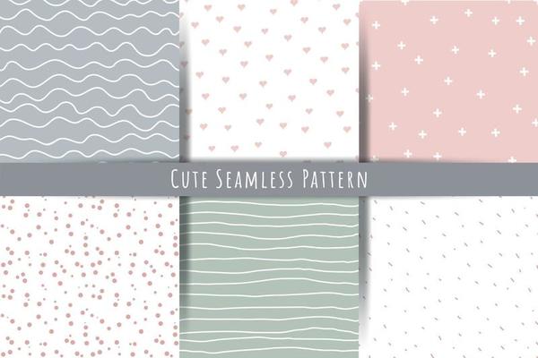 A set of simple minimalistic summer spring seamless patterns Gentle ornaments with lines drops hearts shapes